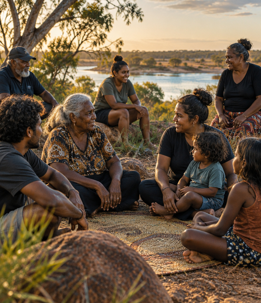 Community gathering beside a river, from the WELL Mob deck