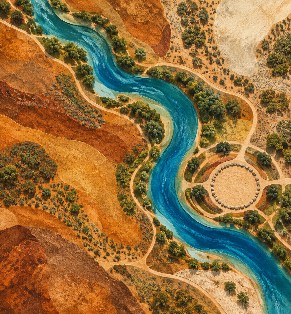 A river winding through ochre Country, from the WELL Mob deck